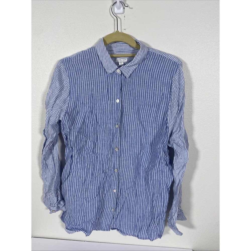J Jill‎ Love Linen Blue Button Up Collared Top L/S Size Med Striped B2